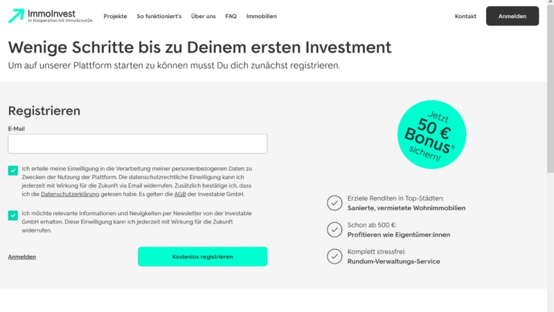 Registrierungsprozess ImmoInvest in Kooperation mit ImmoScout24